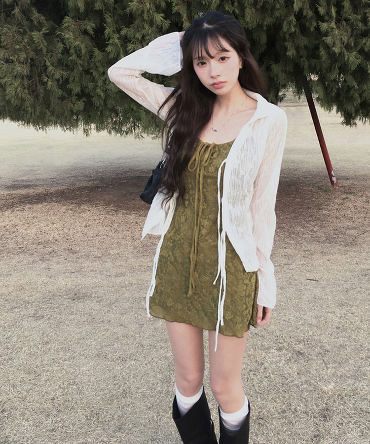 【カップ付き】フラワーキャミソールワンピース OLIVE