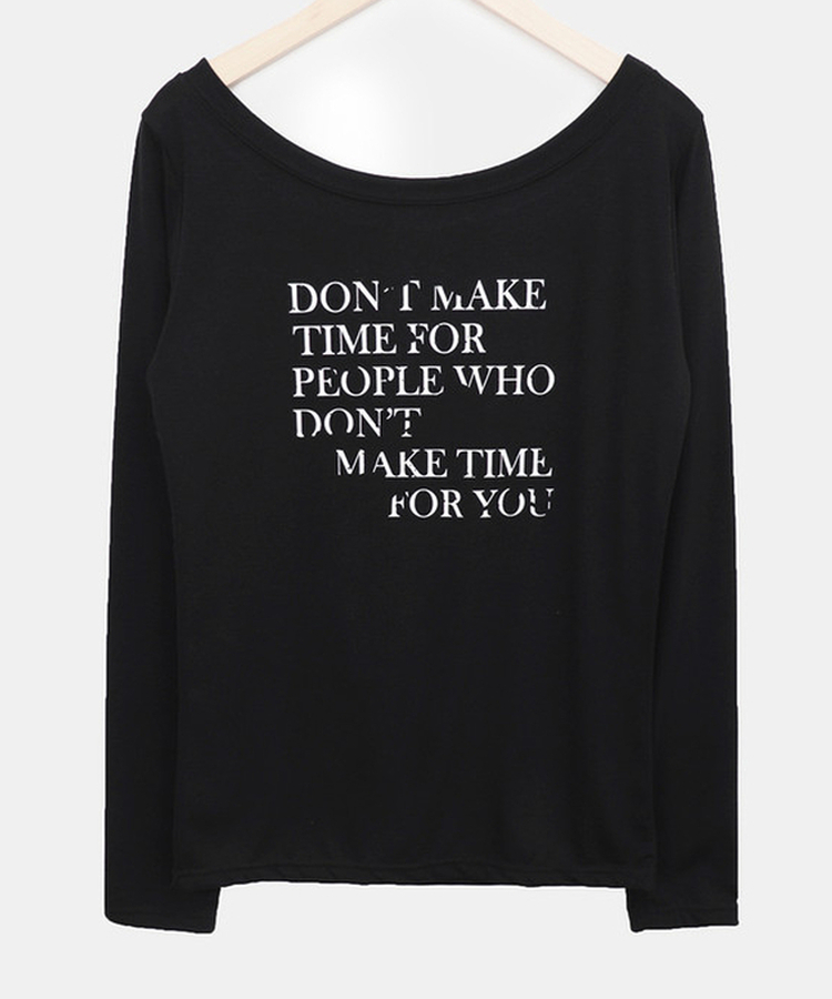 レタリングシースルーオフショルダー長袖Tシャツ