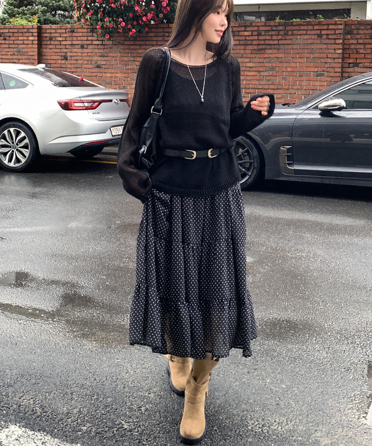 ドットティアードロングワンピース BLACK