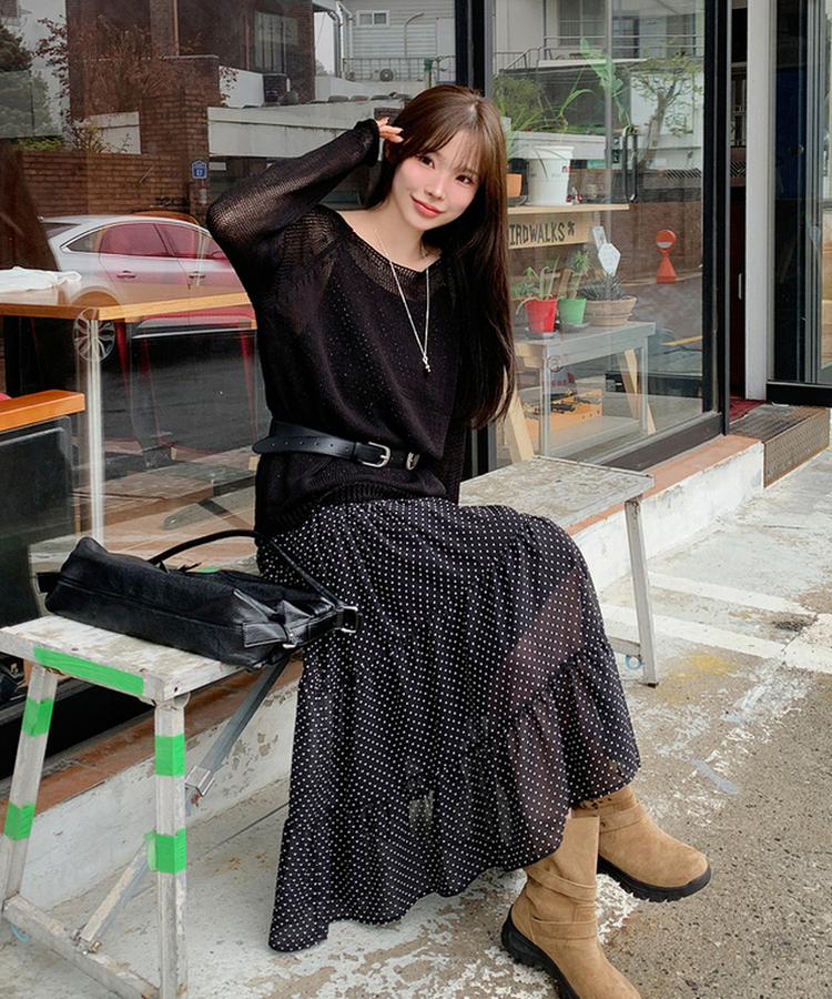 ドットティアードロングワンピース BLACK