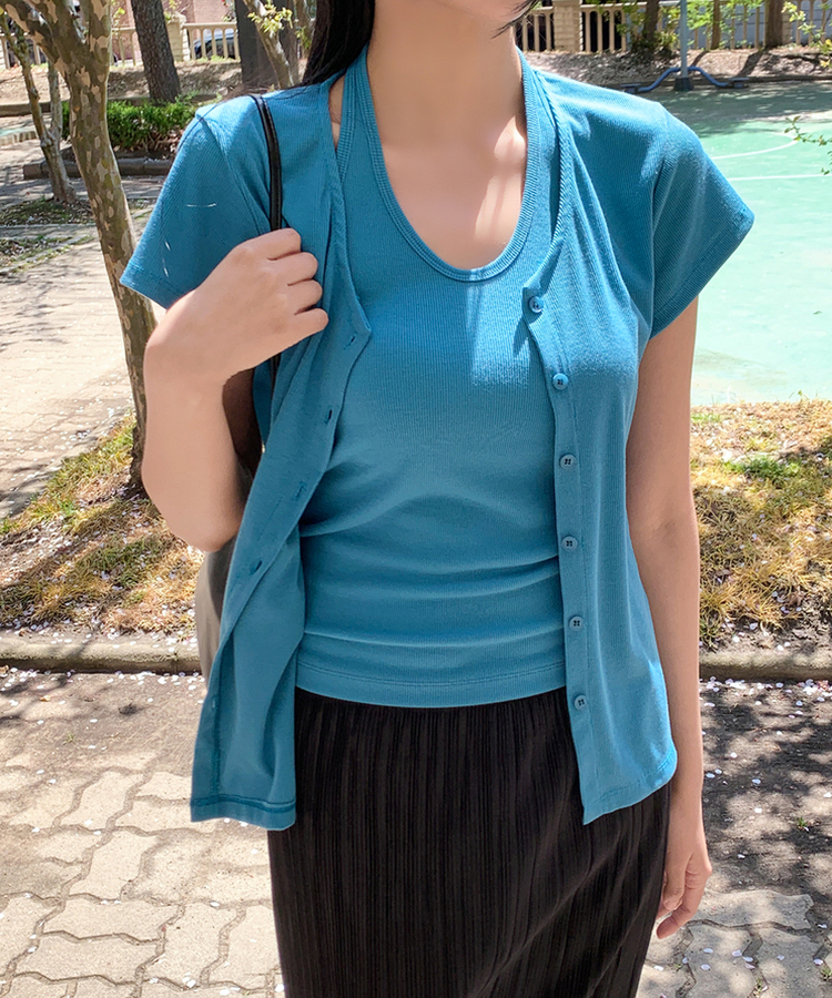 スリムリブ半袖カーデガン(6color) BLUE