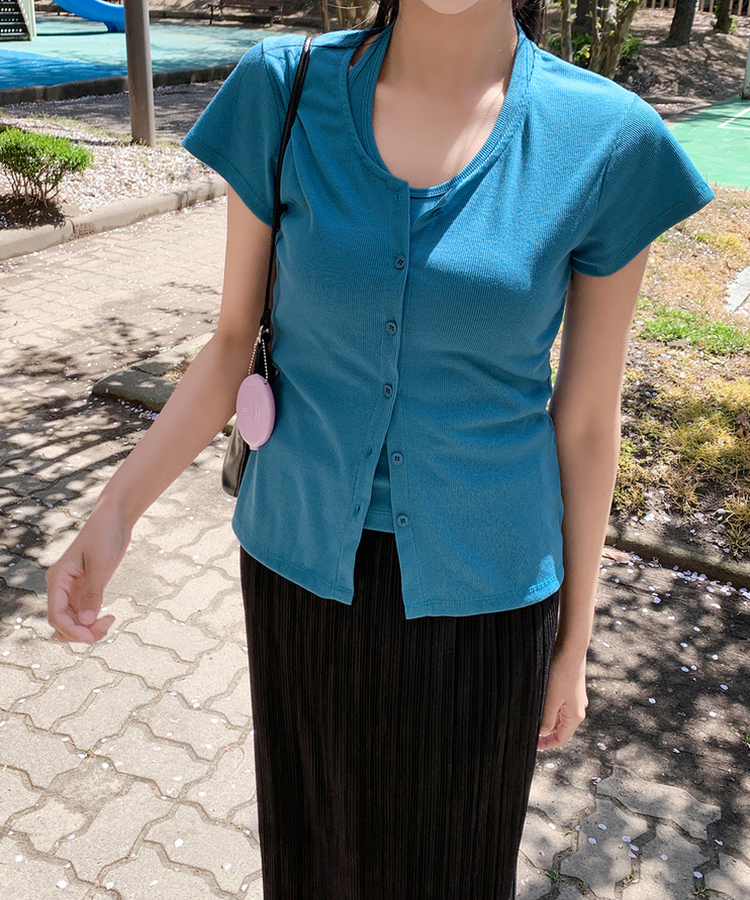 スリムリブ半袖カーデガン(6color) BLUE