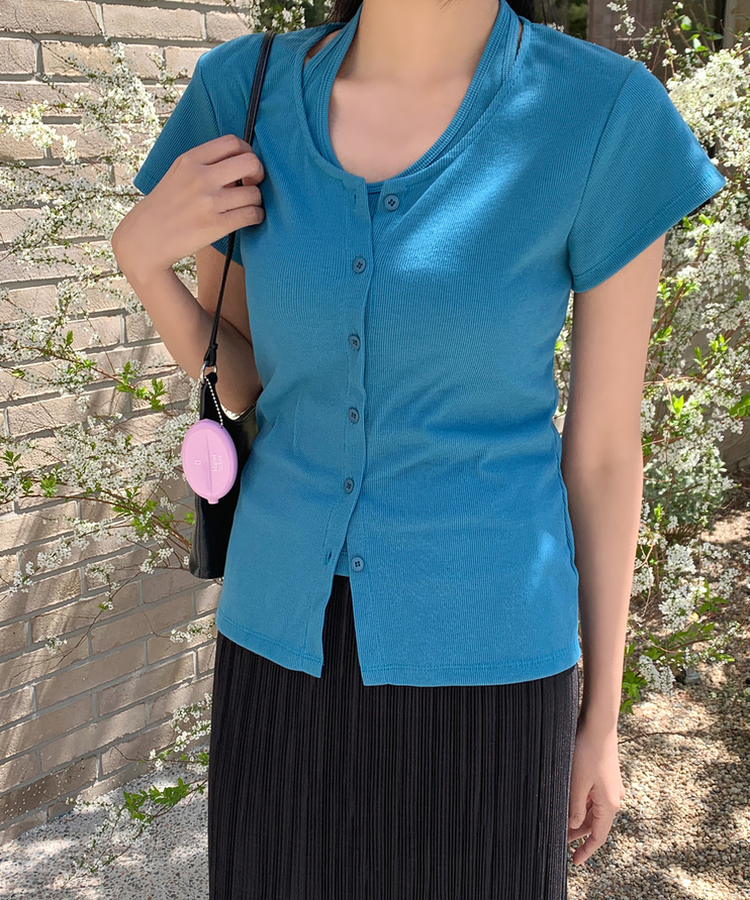 スリムリブ半袖カーデガン(6color) BLUE