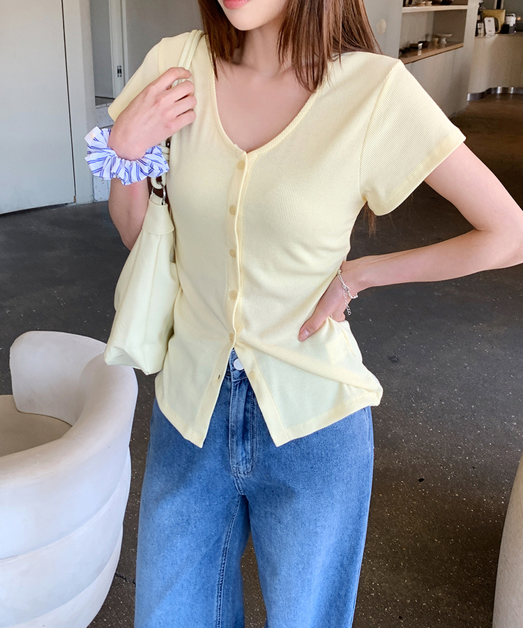 スリムリブ半袖カーデガン(6color) SOFT YELLOW