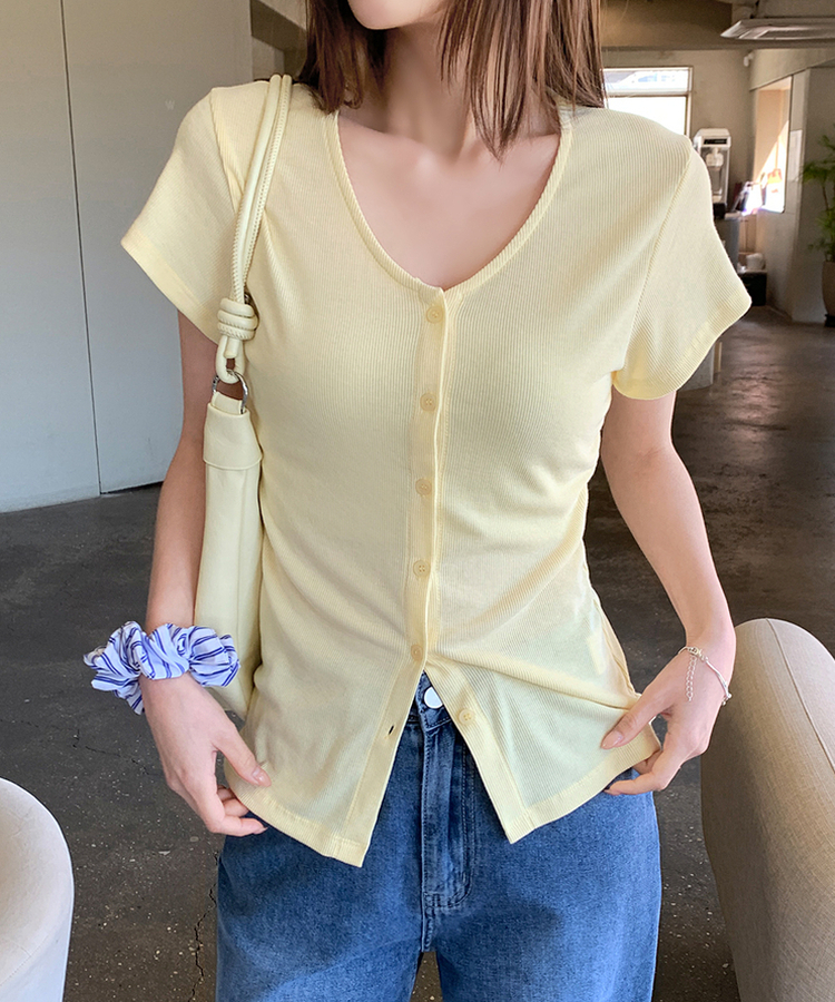 スリムリブ半袖カーデガン(6color) SOFT YELLOW