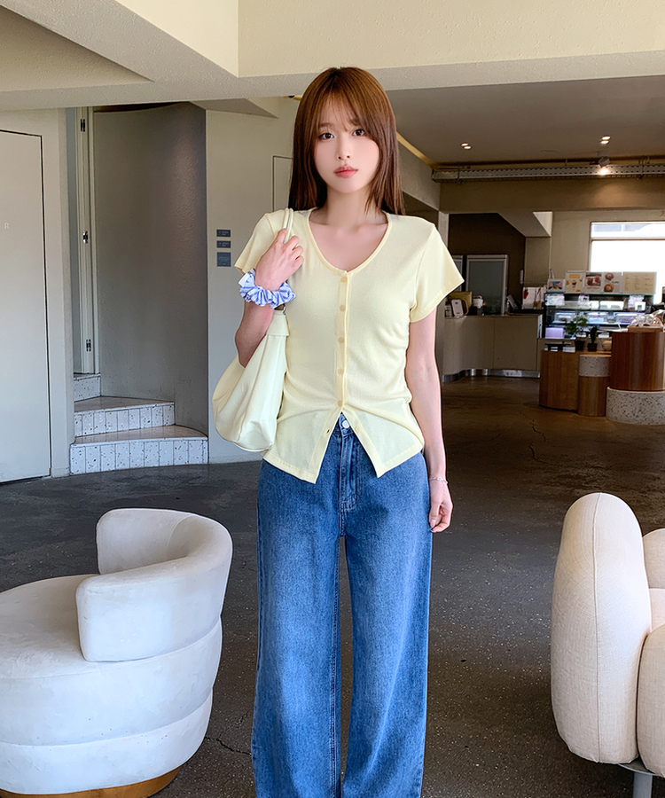 スリムリブ半袖カーデガン(6color) SOFT YELLOW