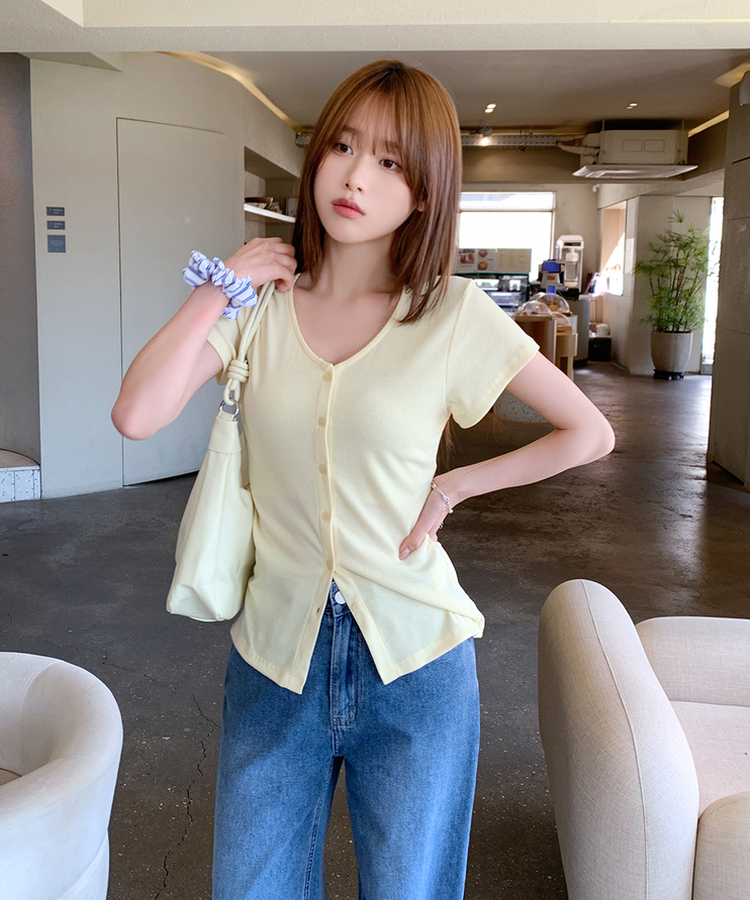 スリムリブ半袖カーデガン(6color) SOFT YELLOW