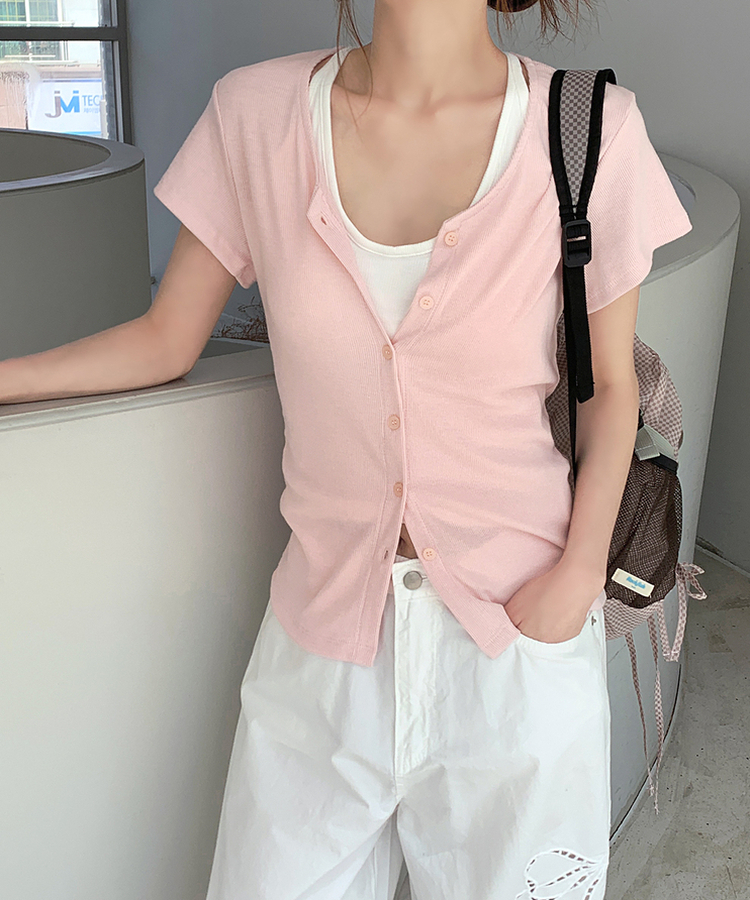 スリムリブ半袖カーデガン(6color) SOFT PINK