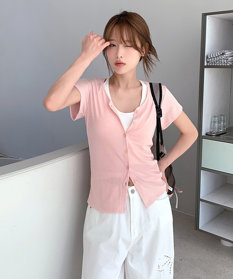 スリムリブ半袖カーデガン(6color) SOFT PINK