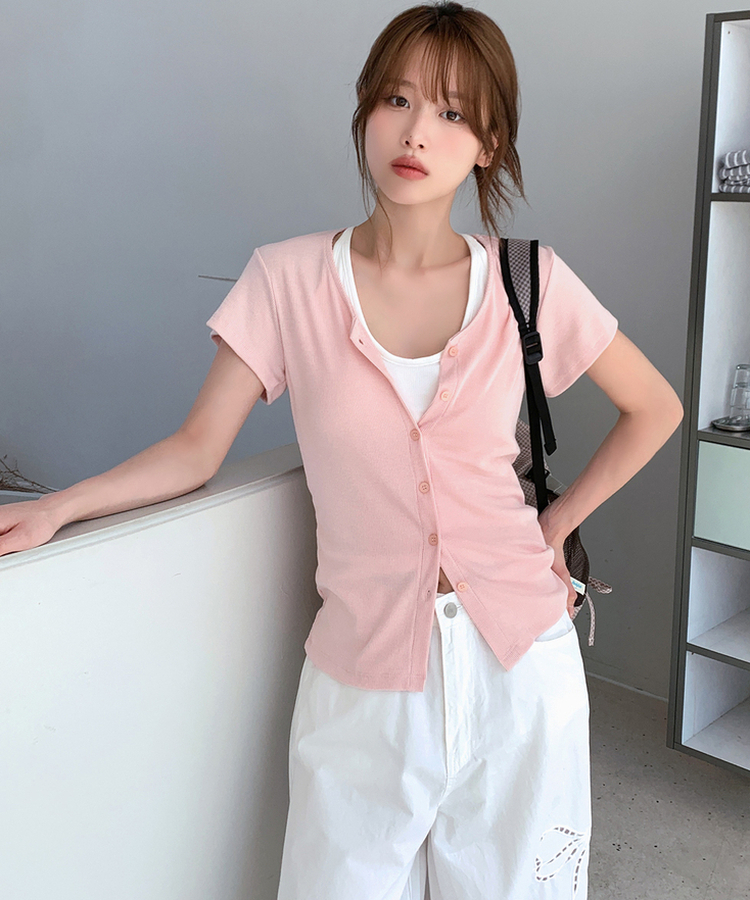 スリムリブ半袖カーデガン(6color) SOFT PINK
