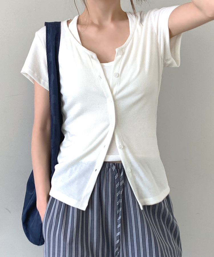 スリムリブ半袖カーデガン(6color) IVORY