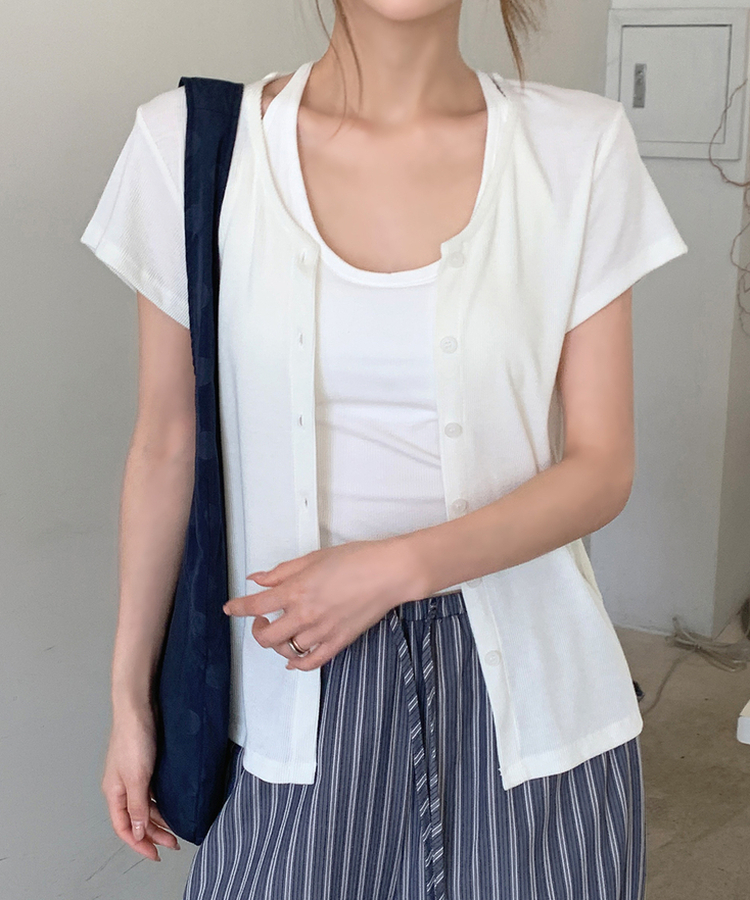 スリムリブ半袖カーデガン(6color) IVORY