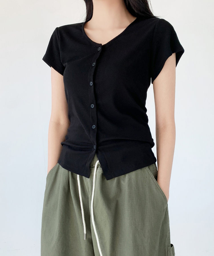 スリムリブ半袖カーデガン(6color) BLACK