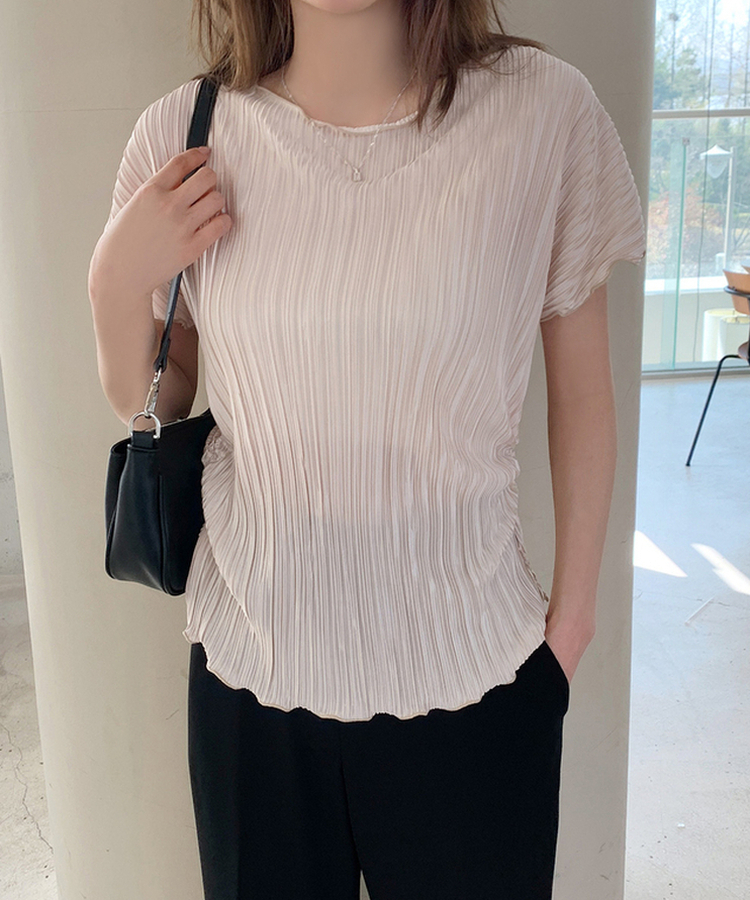 プリーツシャーリング半袖Tシャツ BEIGE