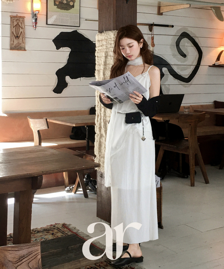 （オールゴムウエスト／軽やかな揺れ感／リンクル素材♥）ラビネ リンクル オールゴム ロングスリットスカート IVORY