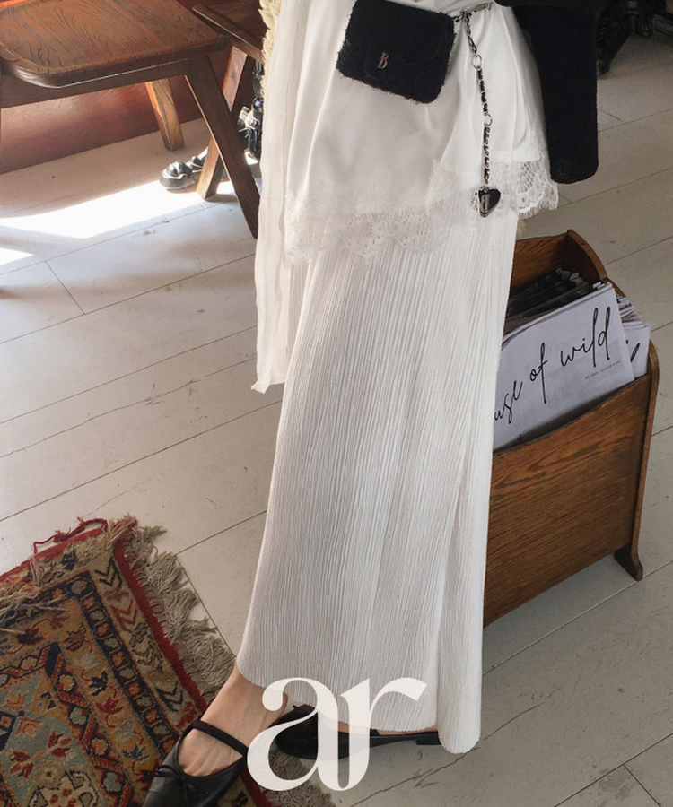 （オールゴムウエスト／軽やかな揺れ感／リンクル素材♥）ラビネ リンクル オールゴム ロングスリットスカート IVORY