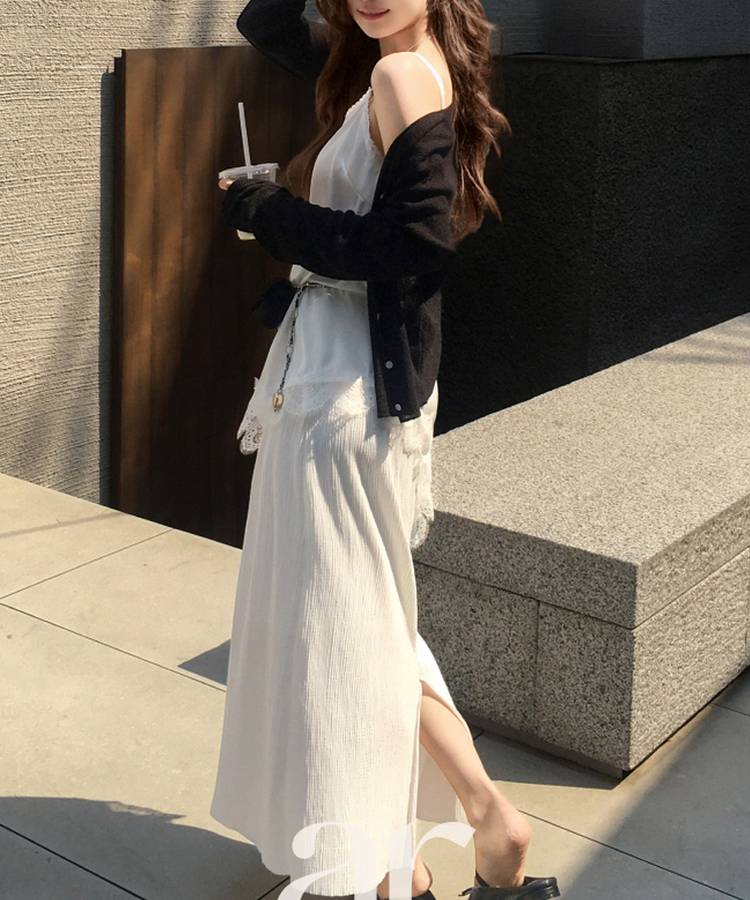 （オールゴムウエスト／軽やかな揺れ感／リンクル素材♥）ラビネ リンクル オールゴム ロングスリットスカート IVORY