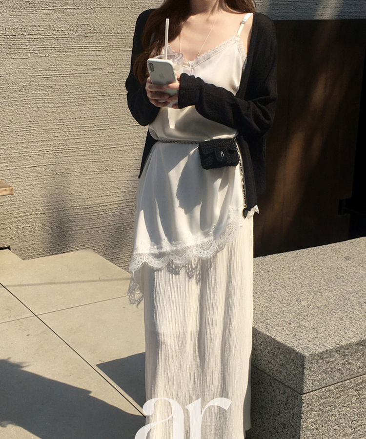 （オールゴムウエスト／軽やかな揺れ感／リンクル素材♥）ラビネ リンクル オールゴム ロングスリットスカート IVORY