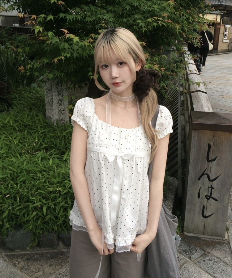 【タイ付き】ドットリボンパフブラウス WHITE