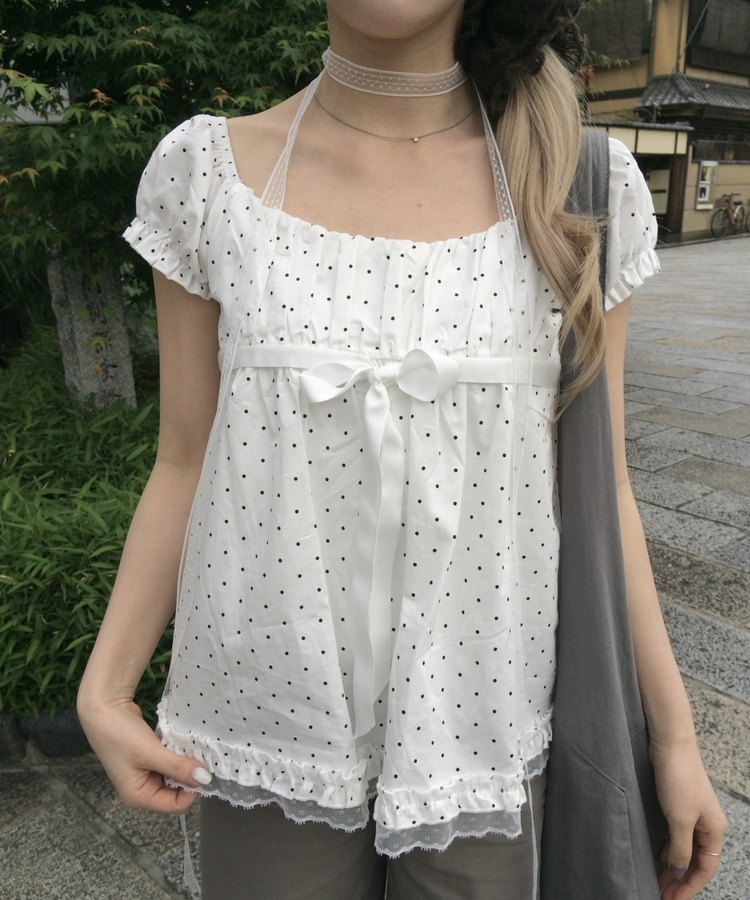 【タイ付き】ドットリボンパフブラウス WHITE