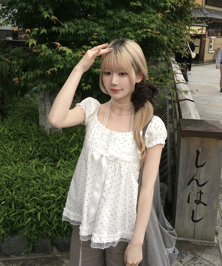 【タイ付き】ドットリボンパフブラウス WHITE