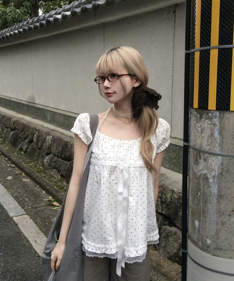 【タイ付き】ドットリボンパフブラウス WHITE