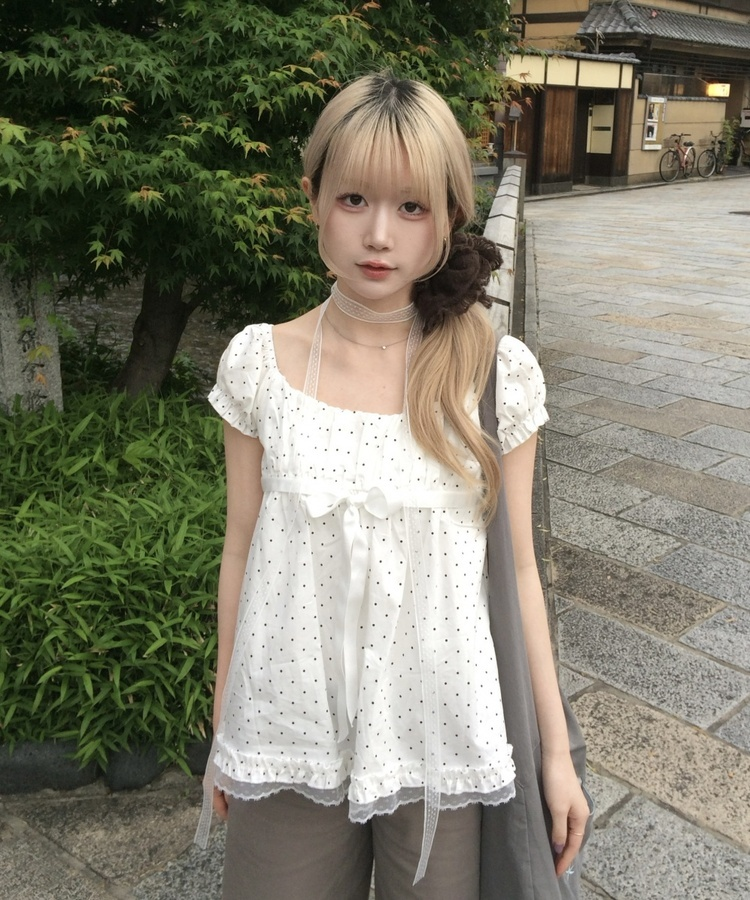 【タイ付き】ドットリボンパフブラウス WHITE