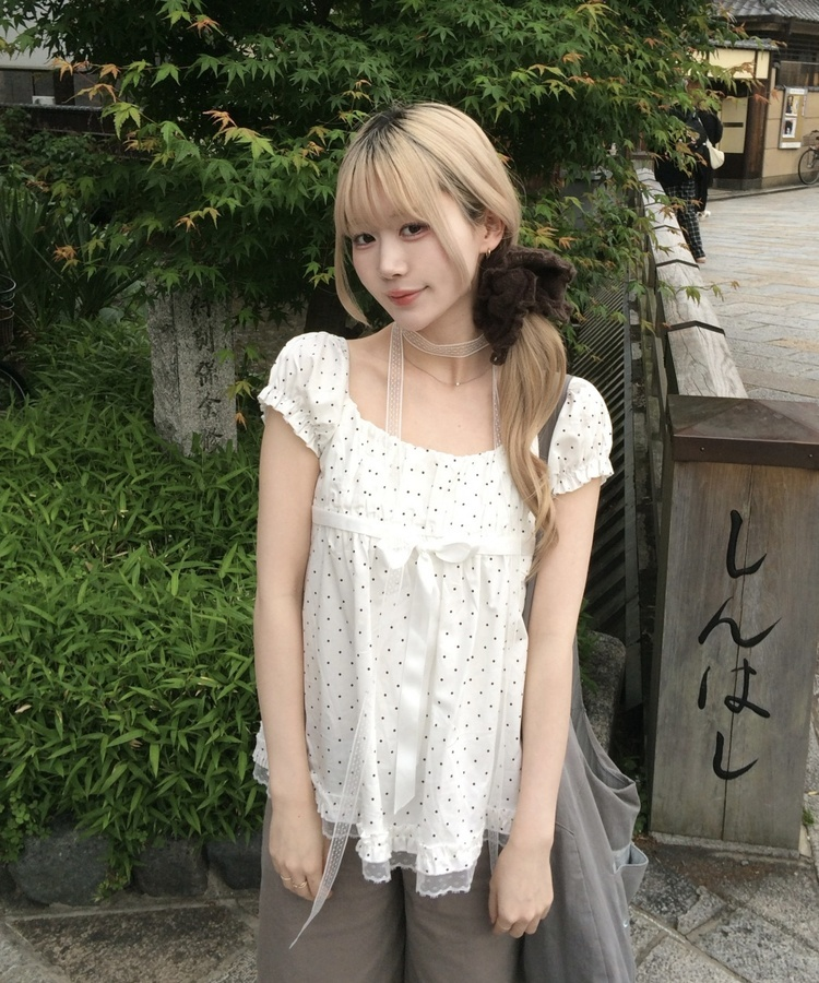 【タイ付き】ドットリボンパフブラウス WHITE