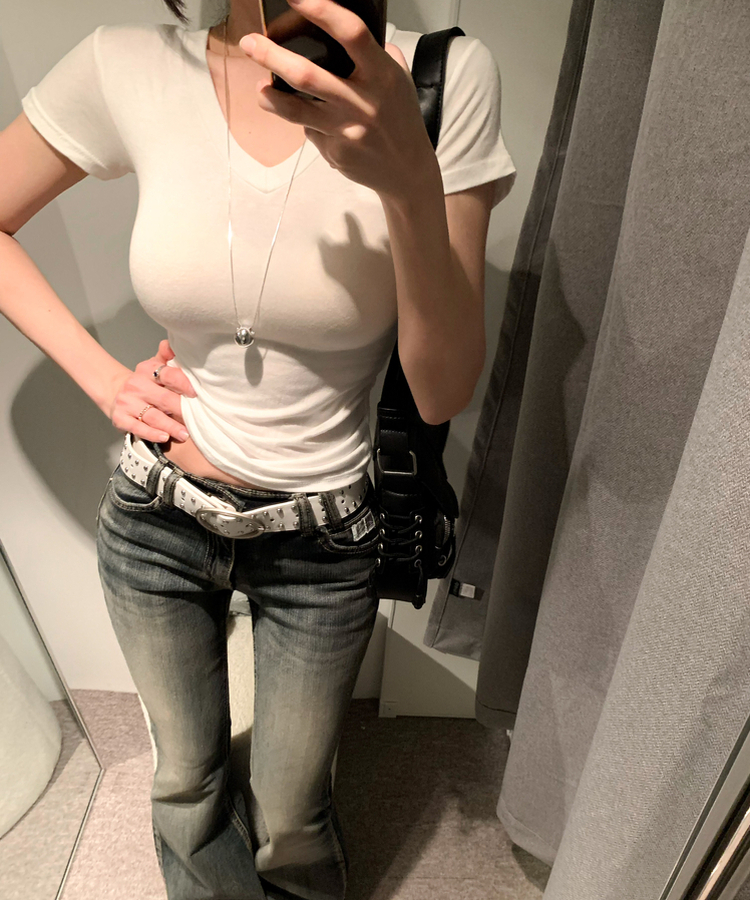 Vネックスリムフィットスリーブ半袖Tシャツ(5color) IVORY