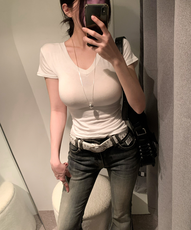 Vネックスリムフィットスリーブ半袖Tシャツ(5color) IVORY