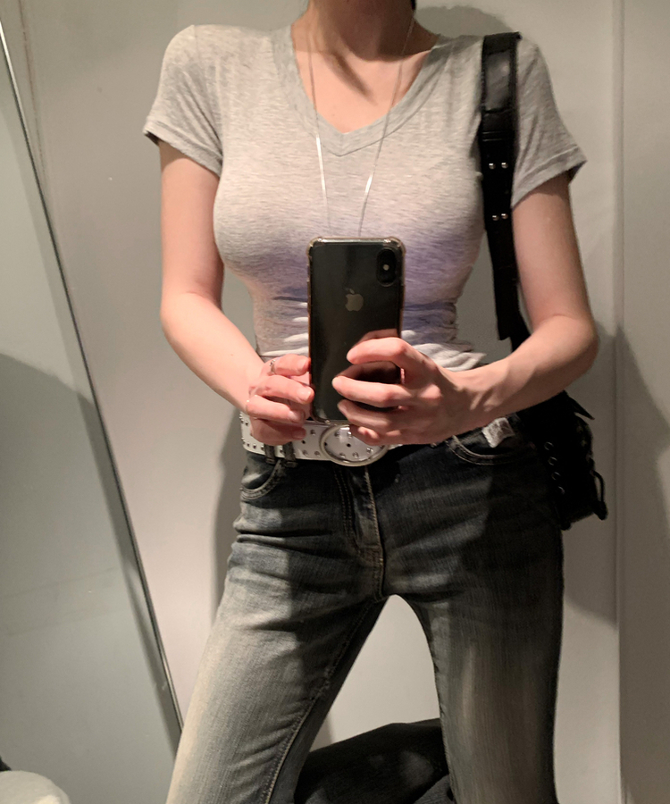 Vネックスリムフィットスリーブ半袖Tシャツ(5color) GREY