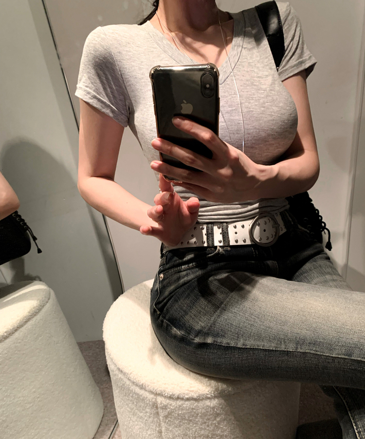 Vネックスリムフィットスリーブ半袖Tシャツ(5color) GREY