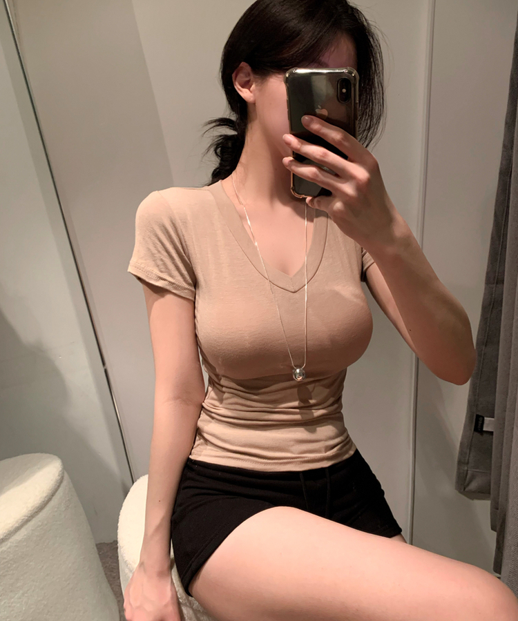 Vネックスリムフィットスリーブ半袖Tシャツ(5color) BEIGE