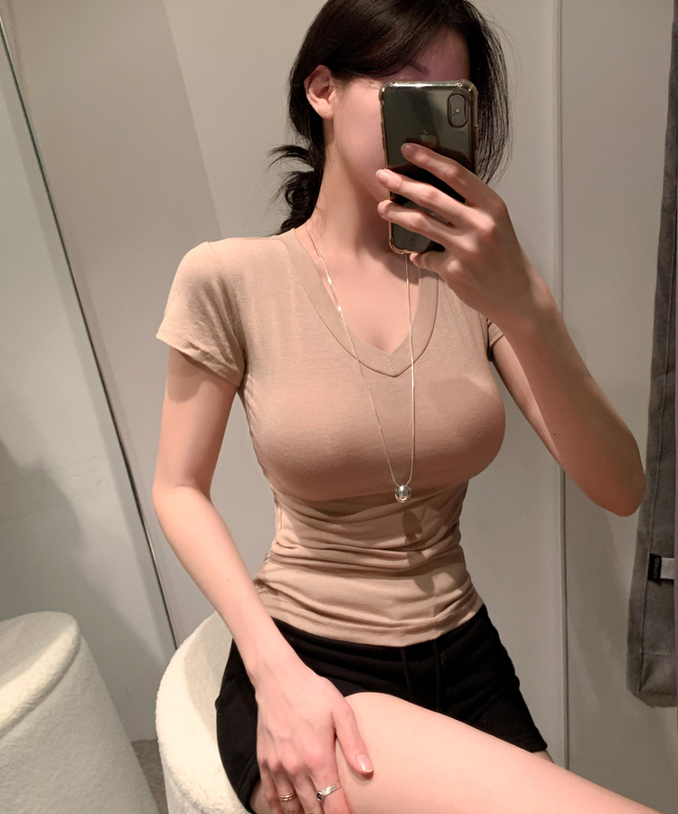 Vネックスリムフィットスリーブ半袖Tシャツ(5color) BEIGE