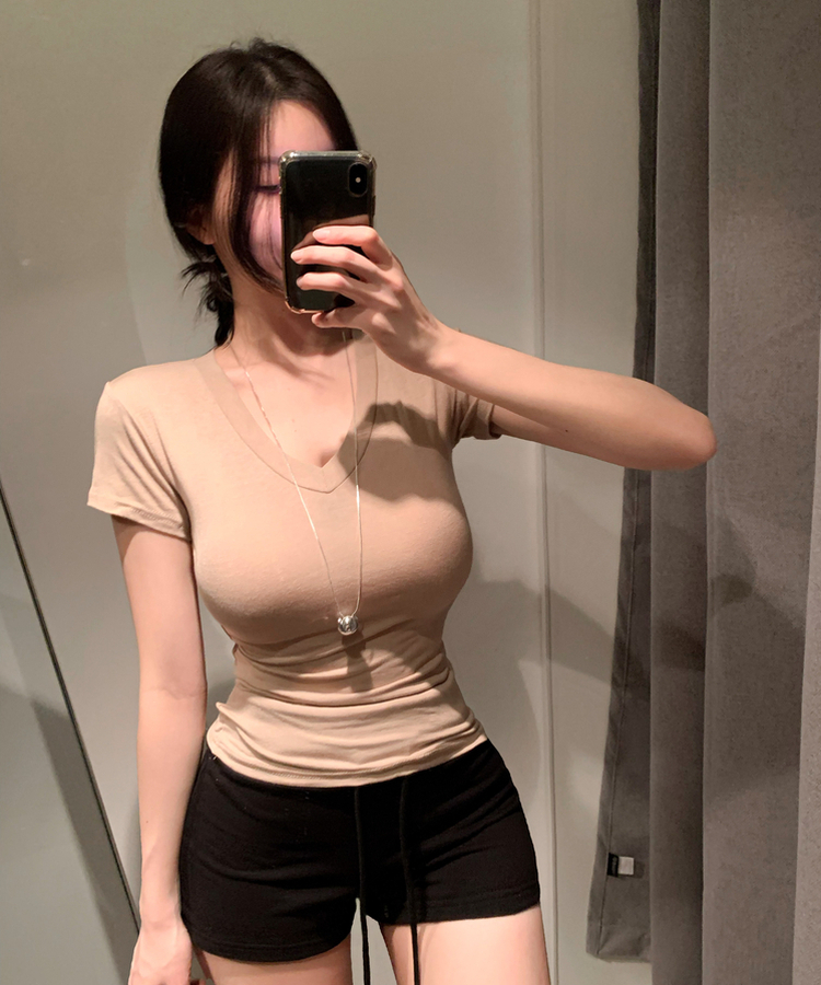 Vネックスリムフィットスリーブ半袖Tシャツ(5color) BEIGE