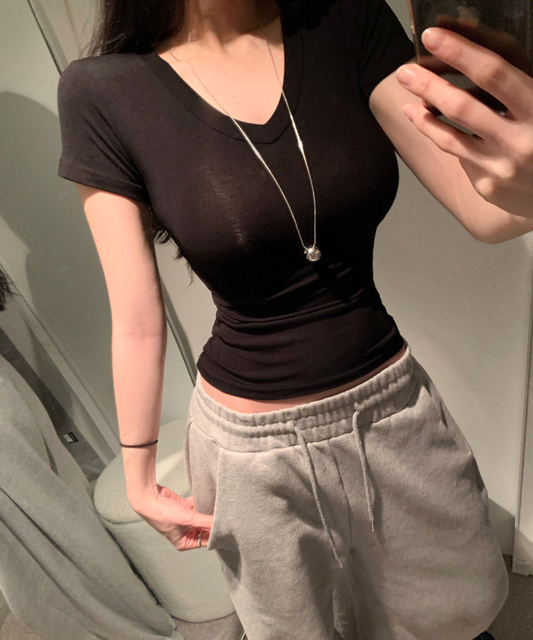 Vネックスリムフィットスリーブ半袖Tシャツ(5color) BLACK