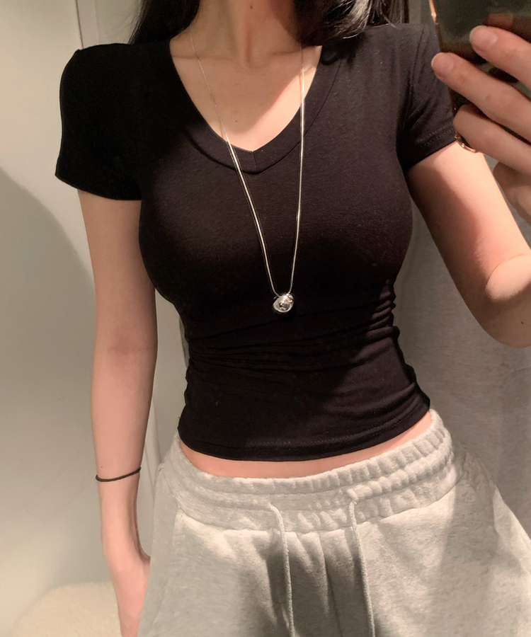 Vネックスリムフィットスリーブ半袖Tシャツ(5color) BLACK