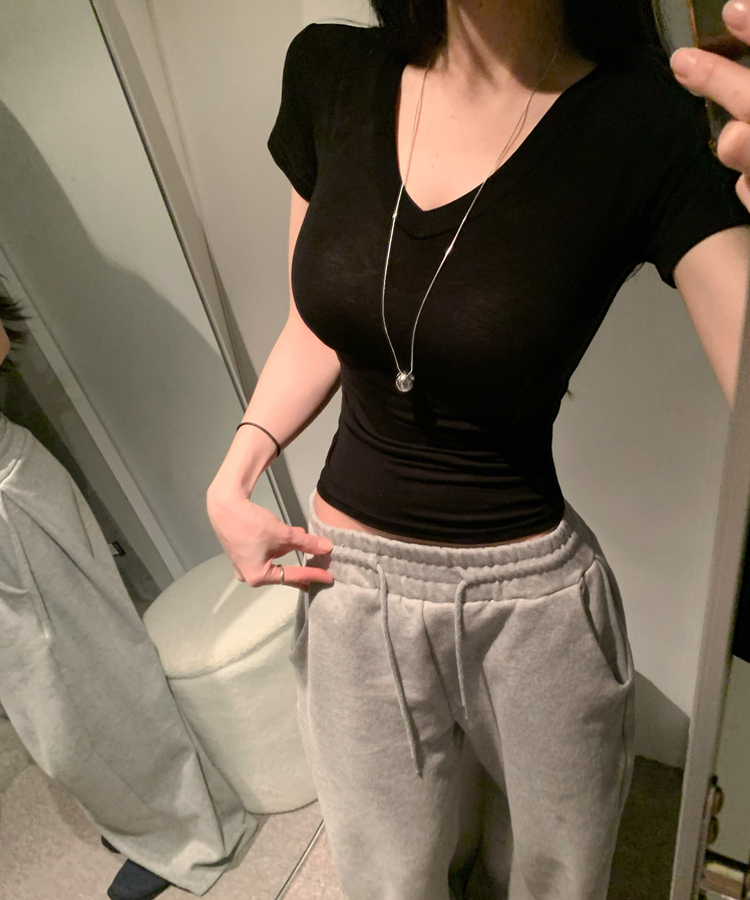 Vネックスリムフィットスリーブ半袖Tシャツ(5color) BLACK