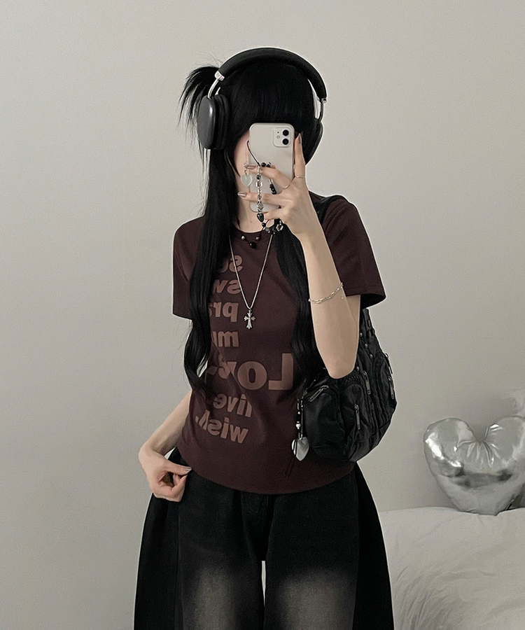 プリントセミクロップ半袖Tシャツ BROWN