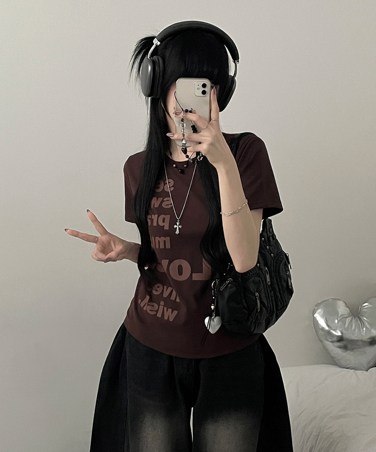 プリントセミクロップ半袖Tシャツ BROWN