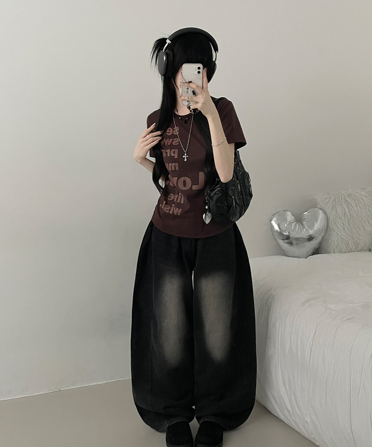 プリントセミクロップ半袖Tシャツ BROWN