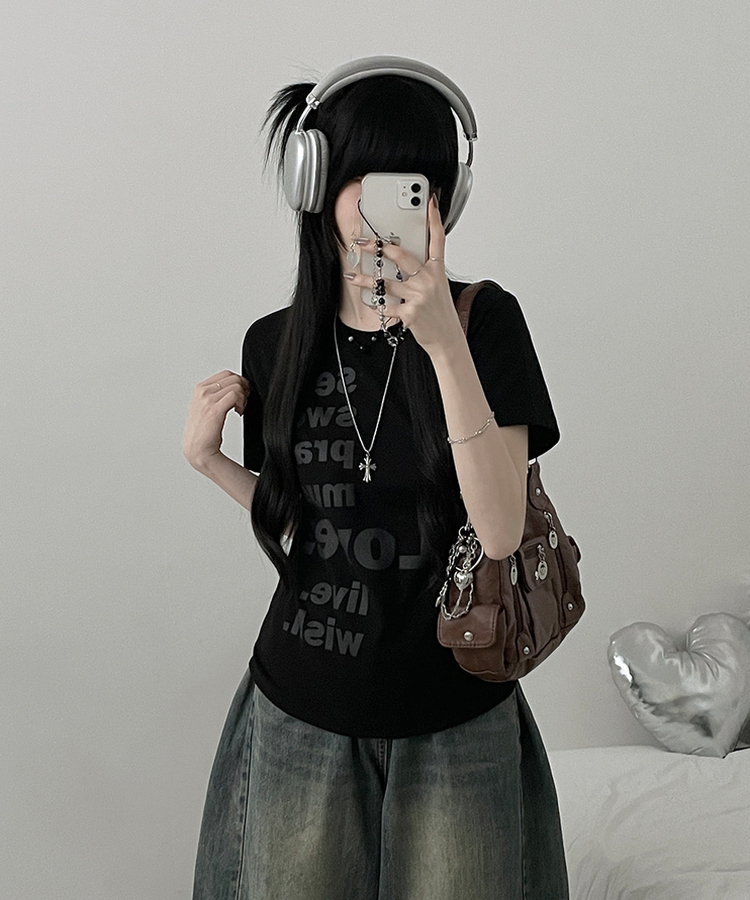 プリントセミクロップ半袖Tシャツ BLACK