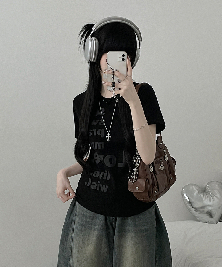 プリントセミクロップ半袖Tシャツ BLACK