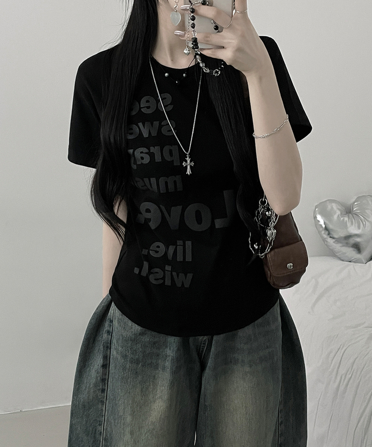 プリントセミクロップ半袖Tシャツ BLACK