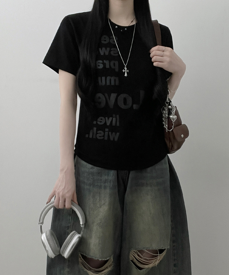 プリントセミクロップ半袖Tシャツ BLACK