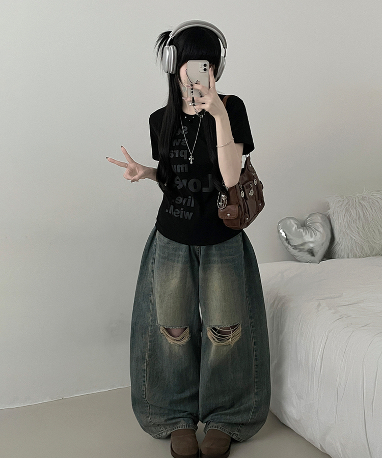 プリントセミクロップ半袖Tシャツ BLACK