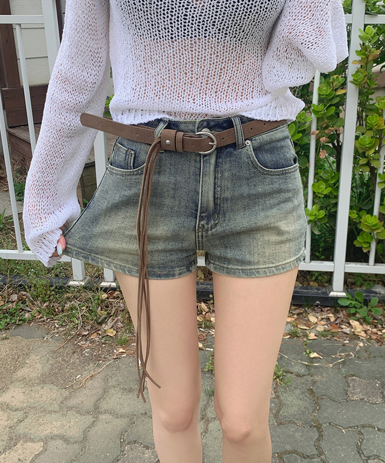 【ベルト付きビンテージショートデニムパンツ MID DENIM