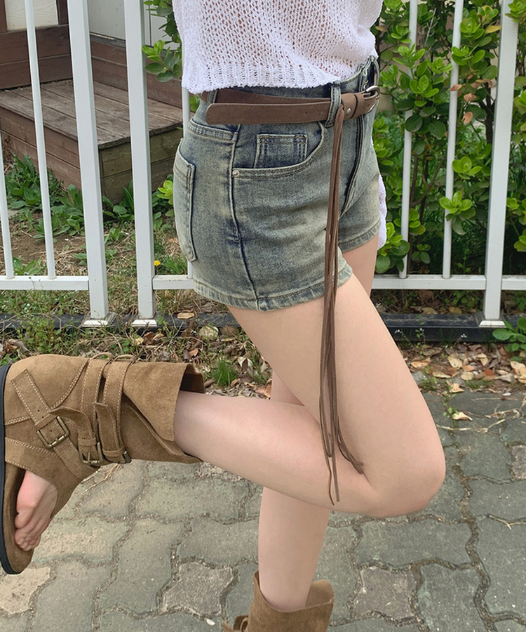 【ベルト付きビンテージショートデニムパンツ MID DENIM