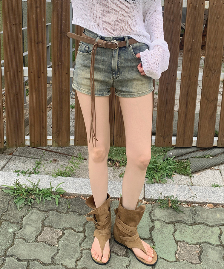 【ベルト付きビンテージショートデニムパンツ MID DENIM
