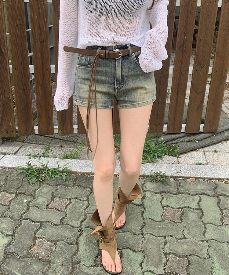 【ベルト付きビンテージショートデニムパンツ MID DENIM